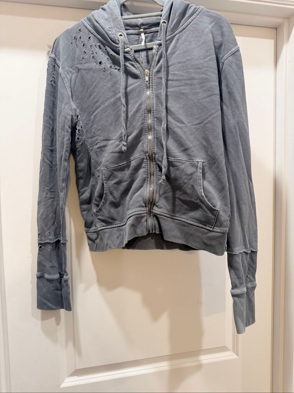 Free People Distressed Full Zip Hoodie Sweatshirt Grey Slouchy Boho Size S Small